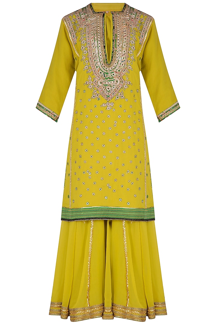 Lime Yellow Embroidered Sharara Set by Swati Jain