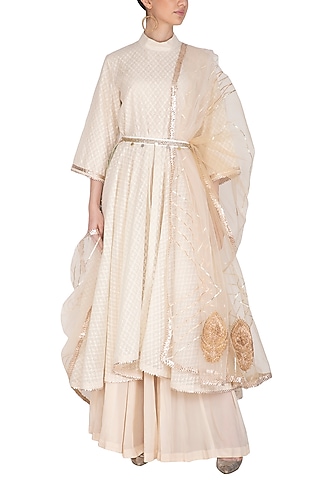 Beige Embroidered Anarkali Set With Belt by Swati Jain