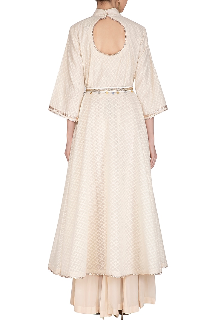 Beige Embroidered Party Wear Anarkali Set With Belt by Swati Jain at Pernia's Pop Up Shop
