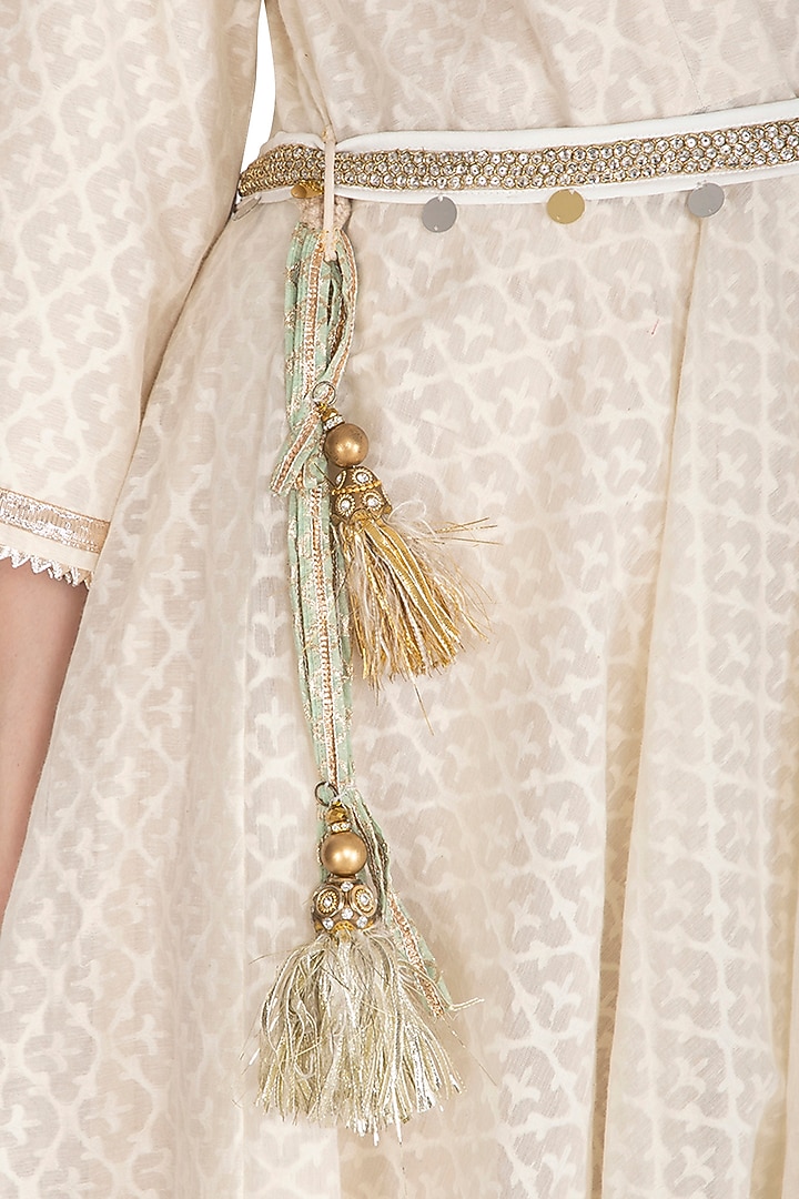 Beige Embroidered Party Wear Anarkali Set With Belt by Swati Jain at Pernia's Pop Up Shop