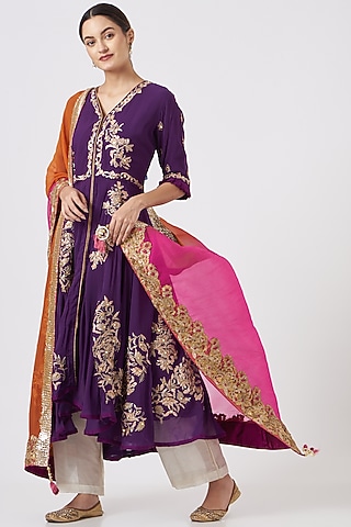 Pink & Orange Georgette Dupatta by Swati Jain