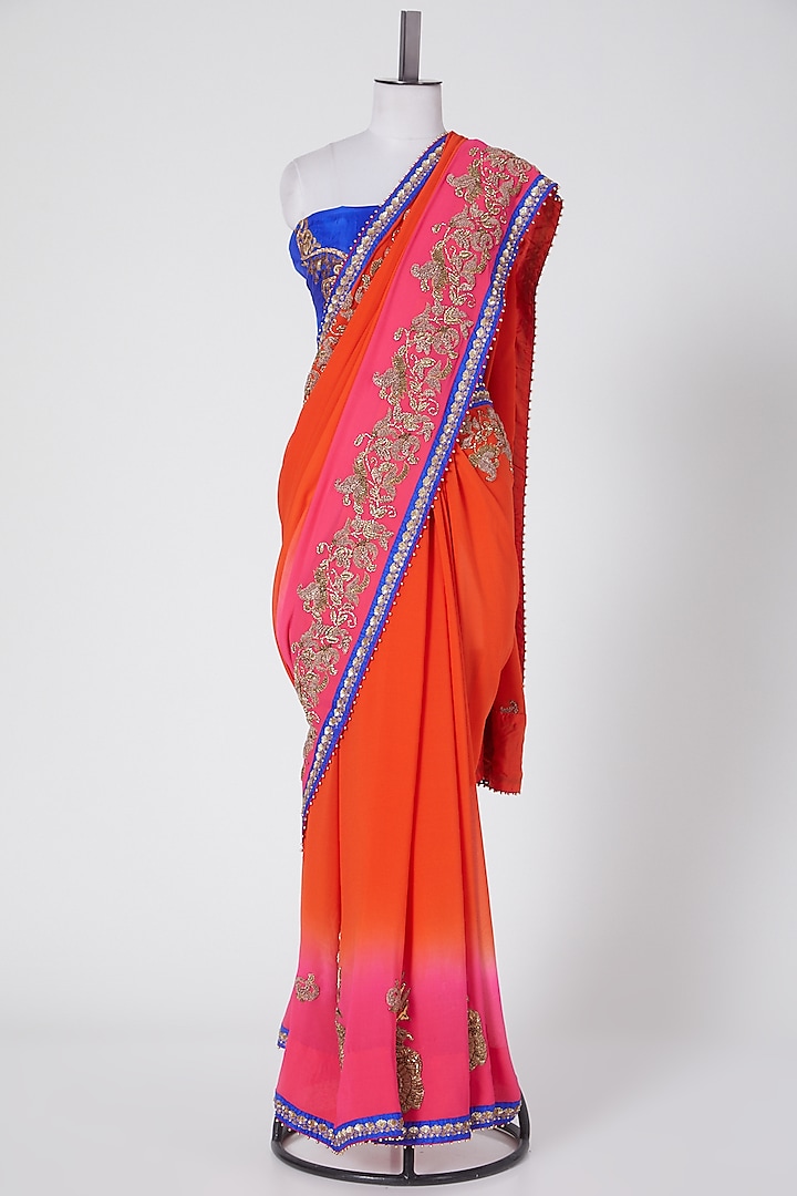 Orange & Pink Embroidered Saree Set by Swati Jain