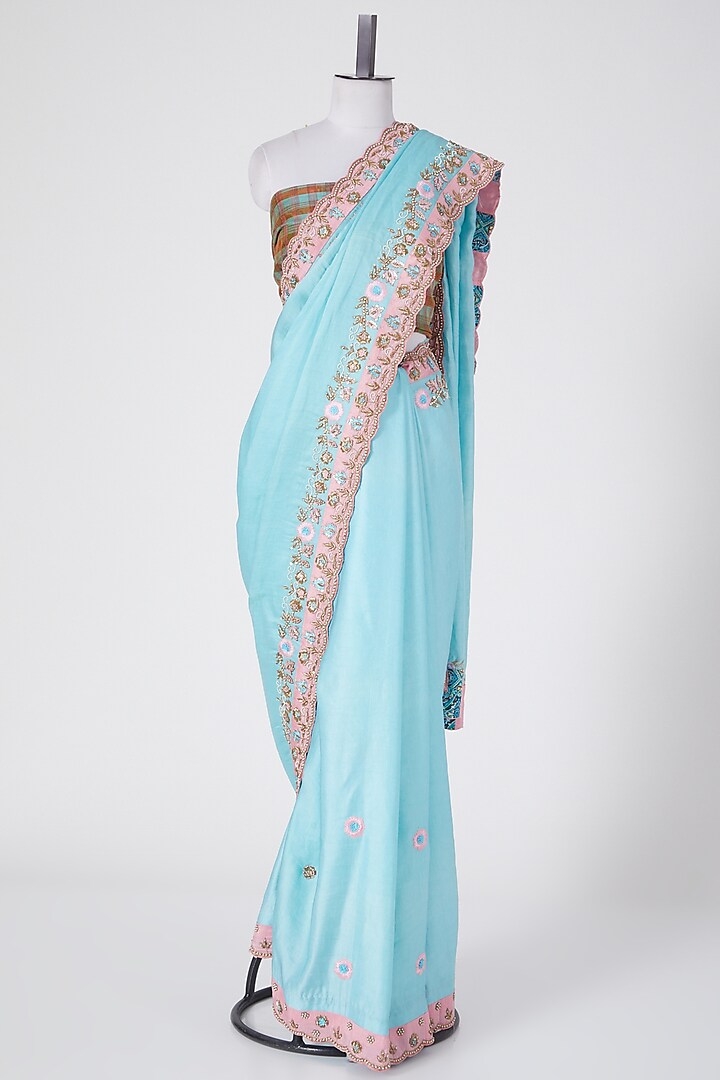Light Blue Embroidered Saree Set by Swati Jain