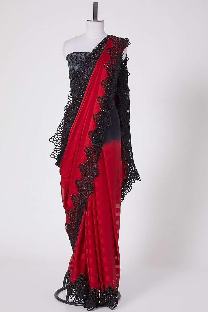 Black & Red Satin Party Wear Saree Set by Swati Jain at Pernia's Pop Up Shop