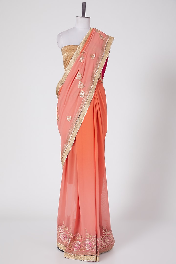 Light Pink & Peach Embroidered Saree Set by Swati Jain