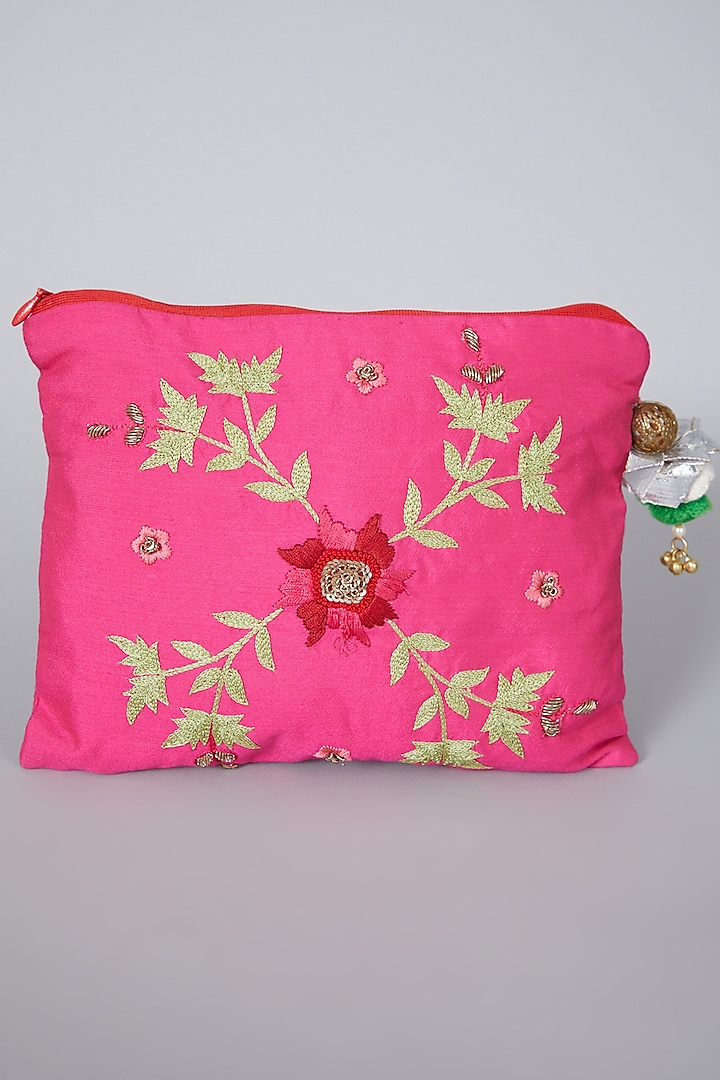 Pink Raw Silk Embroidered Bag by Swati Jain