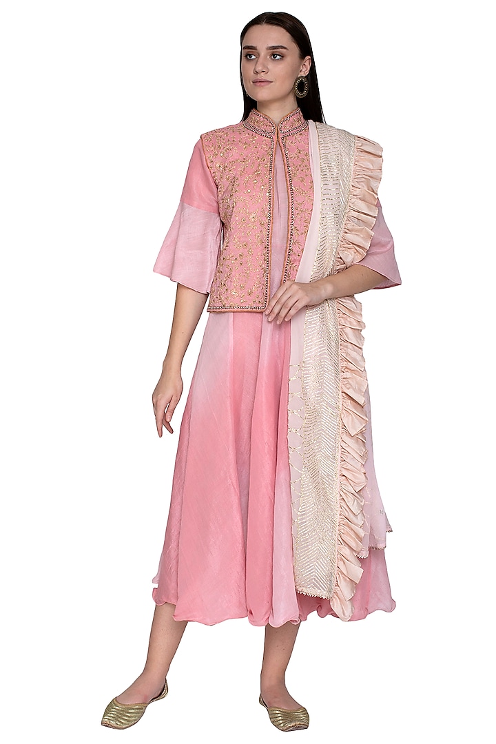 Blush Pink Embroidered Jacket Kurta With Dupatta by Swati Jain