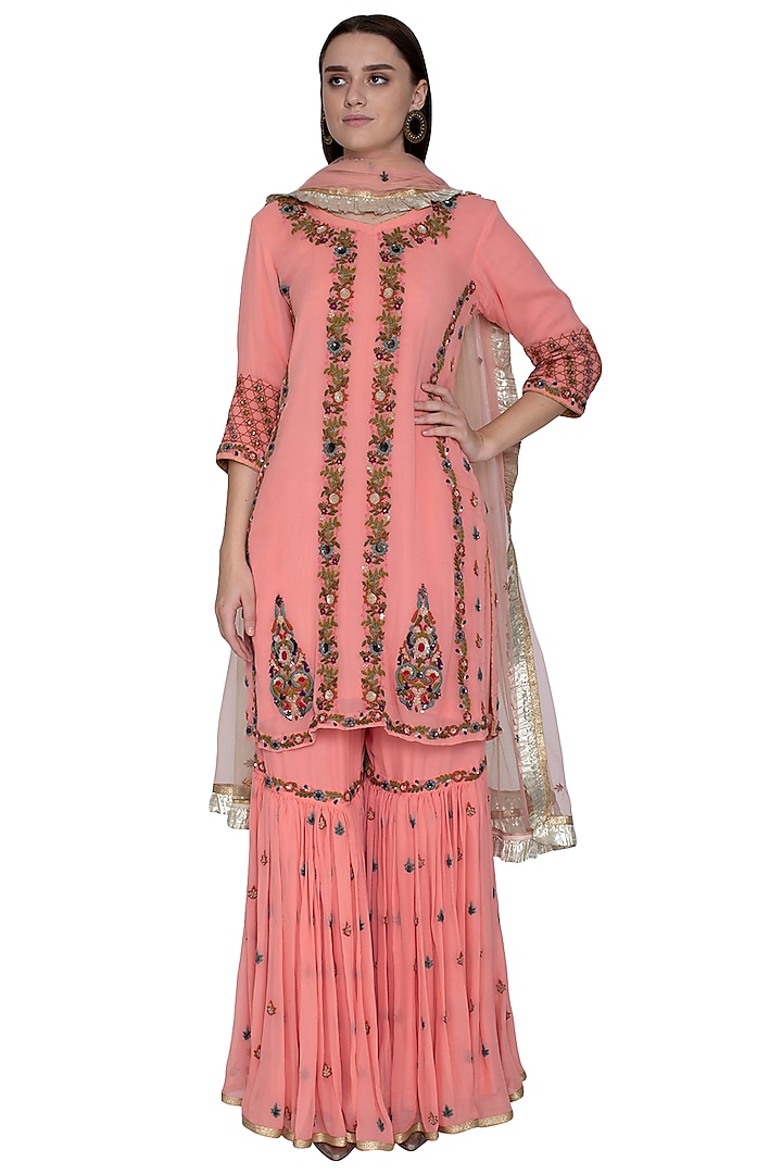 Pink Embroidered Sharara Set by Swati Jain