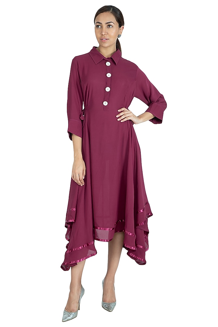 Wine Asymmetric Pleated & Embroidered Summer Dress by Swati Jain at Pernia's Pop Up Shop