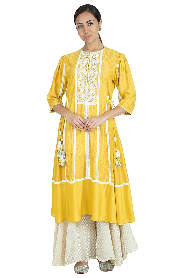 Yellow & Beige Embroidered Kurta With Sharara Pants by Swati Jain