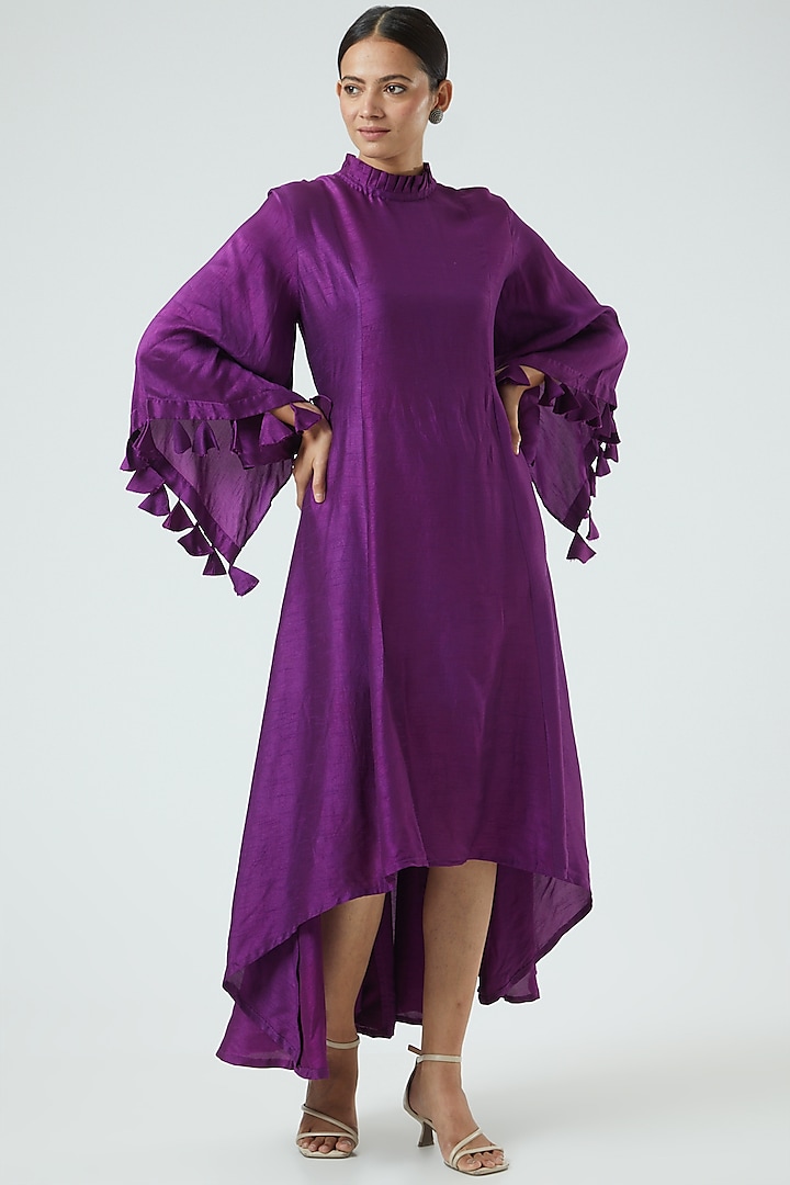 Purple Modal Dupion Flared Midi Dress by Swati Jain