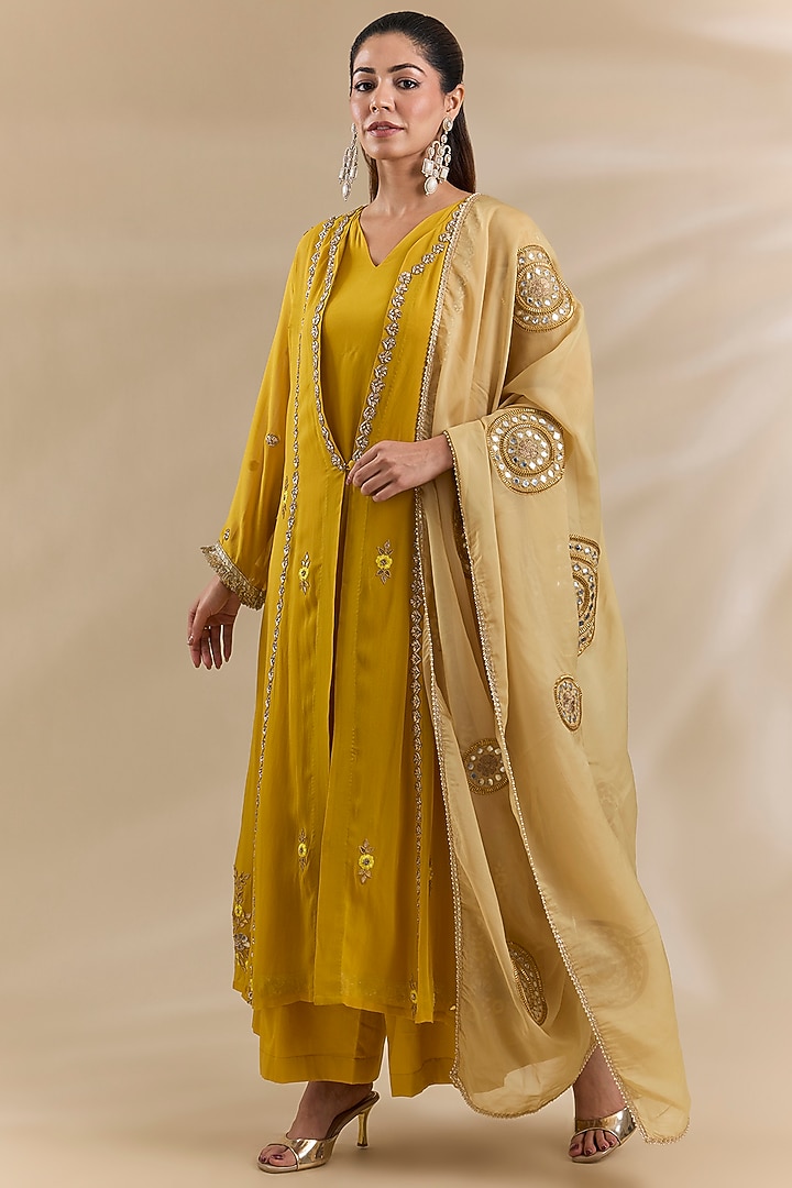 Yellow Georgette Mirror Work Jacket Kurta Set by Swati Jain at Pernia's Pop Up Shop