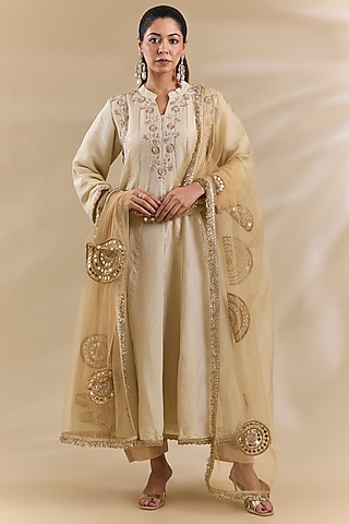 Ivory Tissue Organza Zari Embroidered Anarkali Set by Swati Jain