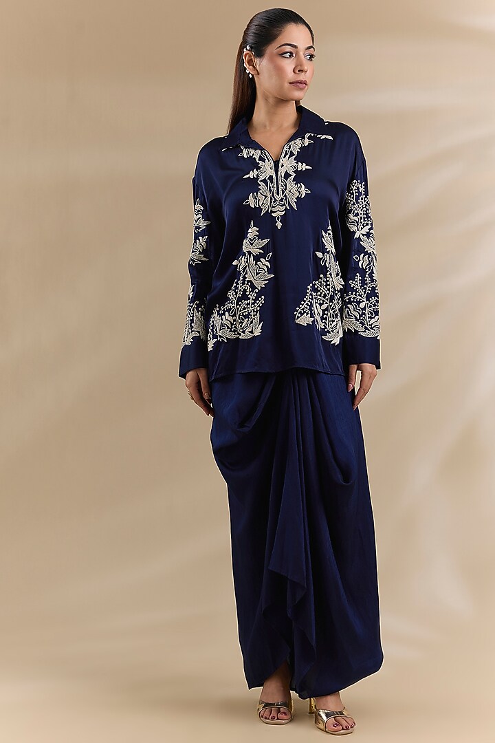 Blue Satin Pleated Skirt Set by Swati Jain at Pernia's Pop Up Shop