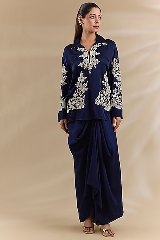 Blue Satin Pleated Skirt Set by Swati Jain