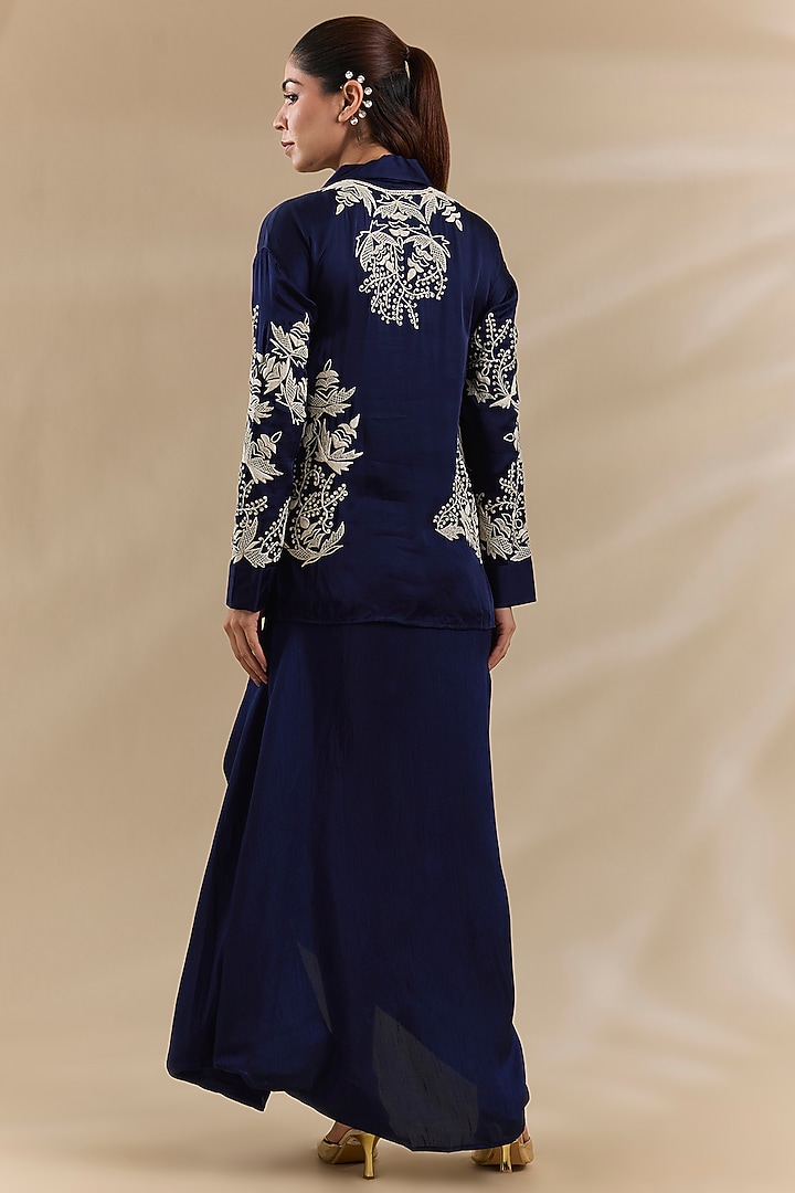 Blue Satin Pleated Skirt Set by Swati Jain at Pernia's Pop Up Shop