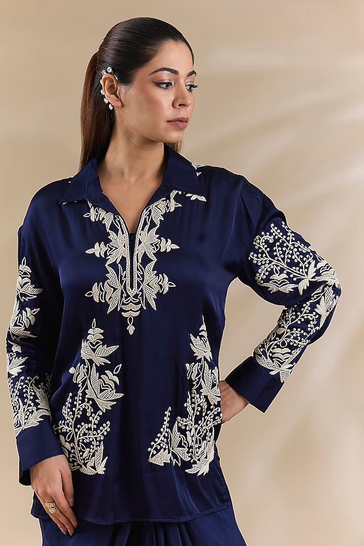 Blue Satin Pleated Skirt Set by Swati Jain at Pernia's Pop Up Shop