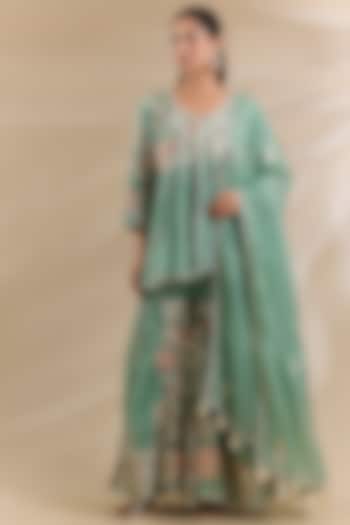 Green Organza Thread Embroidered Wedding Sharara Set by Swati Jain at Pernia's Pop Up Shop