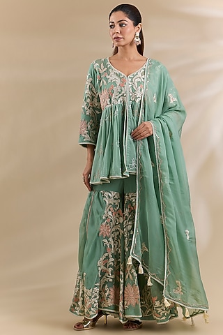 Green Organza Thread Embroidered Sharara Set by Swati Jain