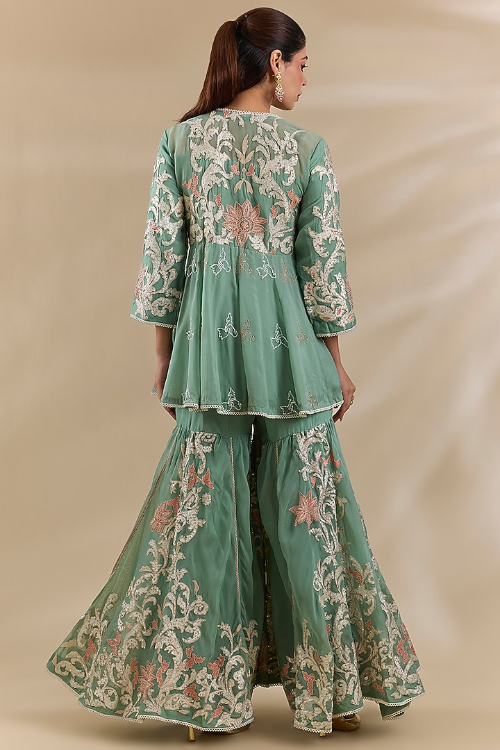 Green Organza Thread Embroidered Wedding Sharara Set by Swati Jain at Pernia's Pop Up Shop