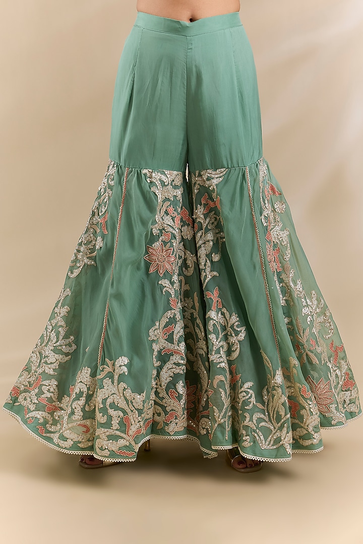Green Organza Thread Embroidered Wedding Sharara Set by Swati Jain at Pernia's Pop Up Shop