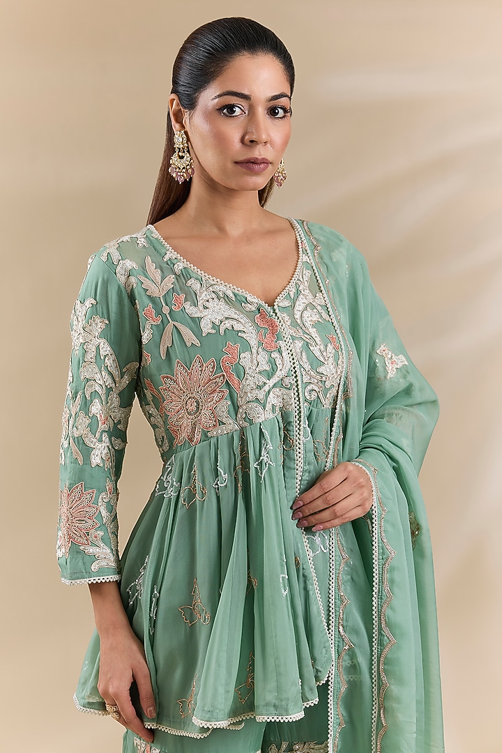 Green Organza Thread Embroidered Wedding Sharara Set by Swati Jain at Pernia's Pop Up Shop
