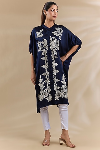 Blue Satin Dori Work Kaftan Set by Swati Jain
