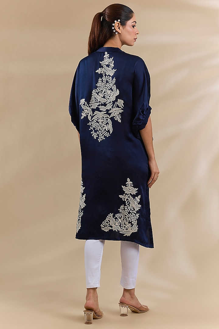 Blue Satin Dori Work Kaftan Set by Swati Jain at Pernia's Pop Up Shop