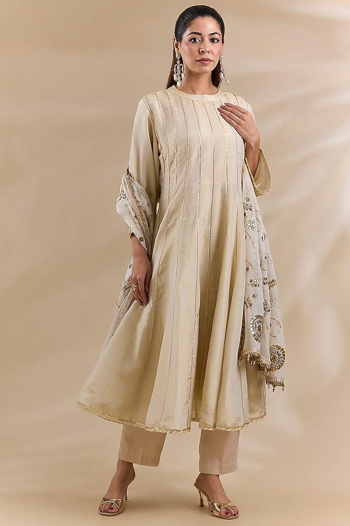 Ivory Tissue Gota Embroidered Party Wear Anarkali Set by Swati Jain at Pernia's Pop Up Shop