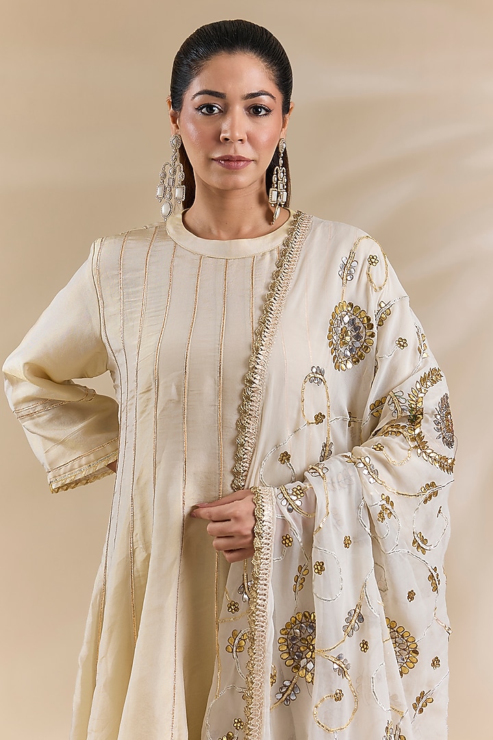 Ivory Tissue Gota Embroidered Party Wear Anarkali Set by Swati Jain at Pernia's Pop Up Shop