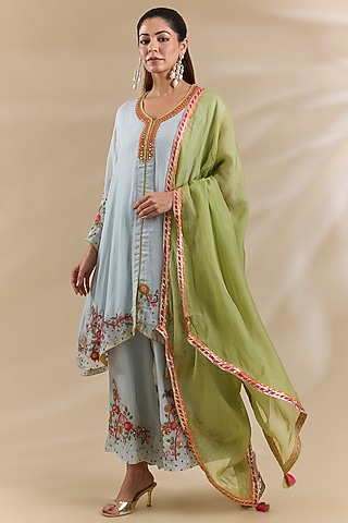 Blue Organza Thread Work Kurta Set by Swati Jain