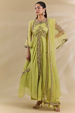 Green Organza Cotton Silk Embroidered Kurta Set by Swati Jain