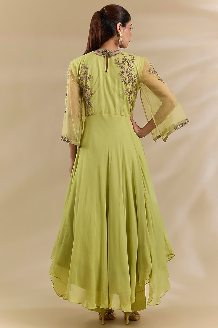 Green Organza Cotton Silk Embroidered Kurta Set by Swati Jain at Pernia's Pop Up Shop