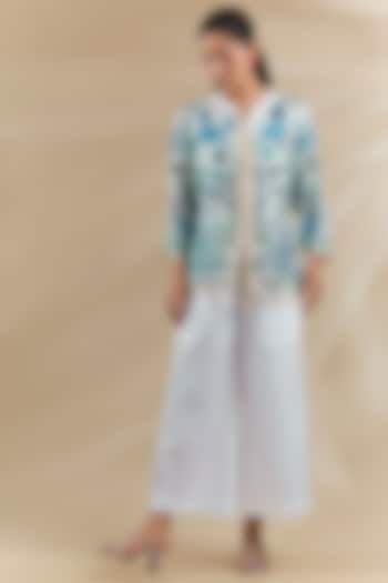 White Organza Lycra Cotton Thread Work Jacket Set by Swati Jain at Pernia's Pop Up Shop