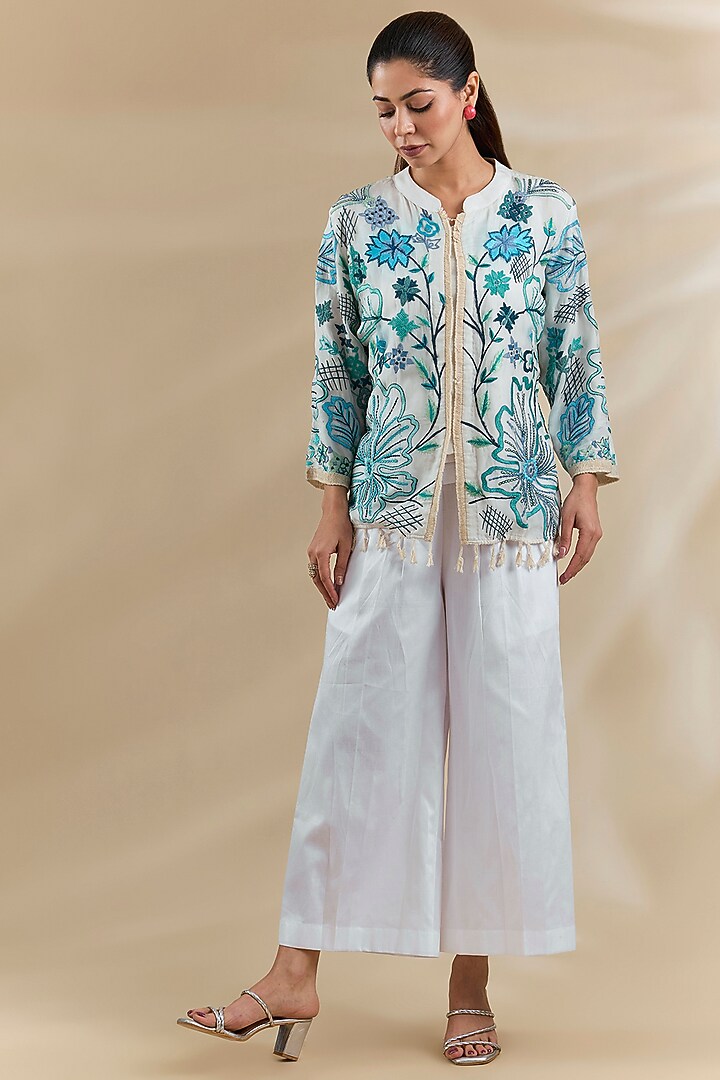 White Organza Lycra Cotton Thread Work Jacket Set by Swati Jain at Pernia's Pop Up Shop