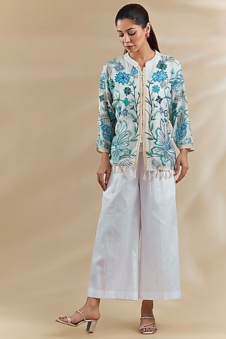 White Organza Lycra Cotton Thread Work Jacket Set by Swati Jain