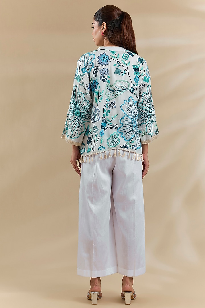 White Organza Lycra Cotton Thread Work Jacket Set by Swati Jain at Pernia's Pop Up Shop