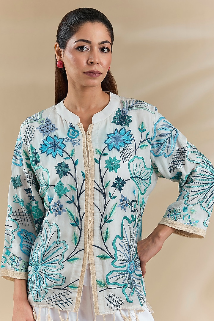 White Organza Lycra Cotton Thread Work Jacket Set by Swati Jain at Pernia's Pop Up Shop