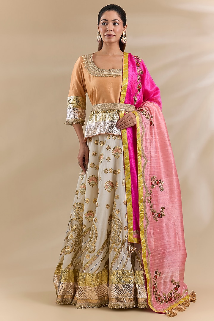 Ivory Dola Silk Gota Embroidered Lehenga Set by Swati Jain at Pernia's Pop Up Shop