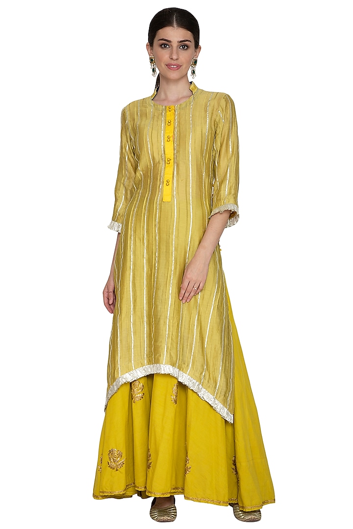 Mustard Yellow Embellished Kurta With Sharara Pants by Swati Jain