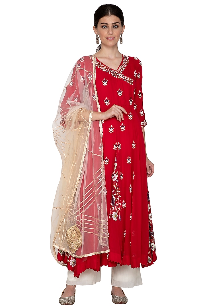 Red Embroidered Anarkali With Dupatta by Swati Jain