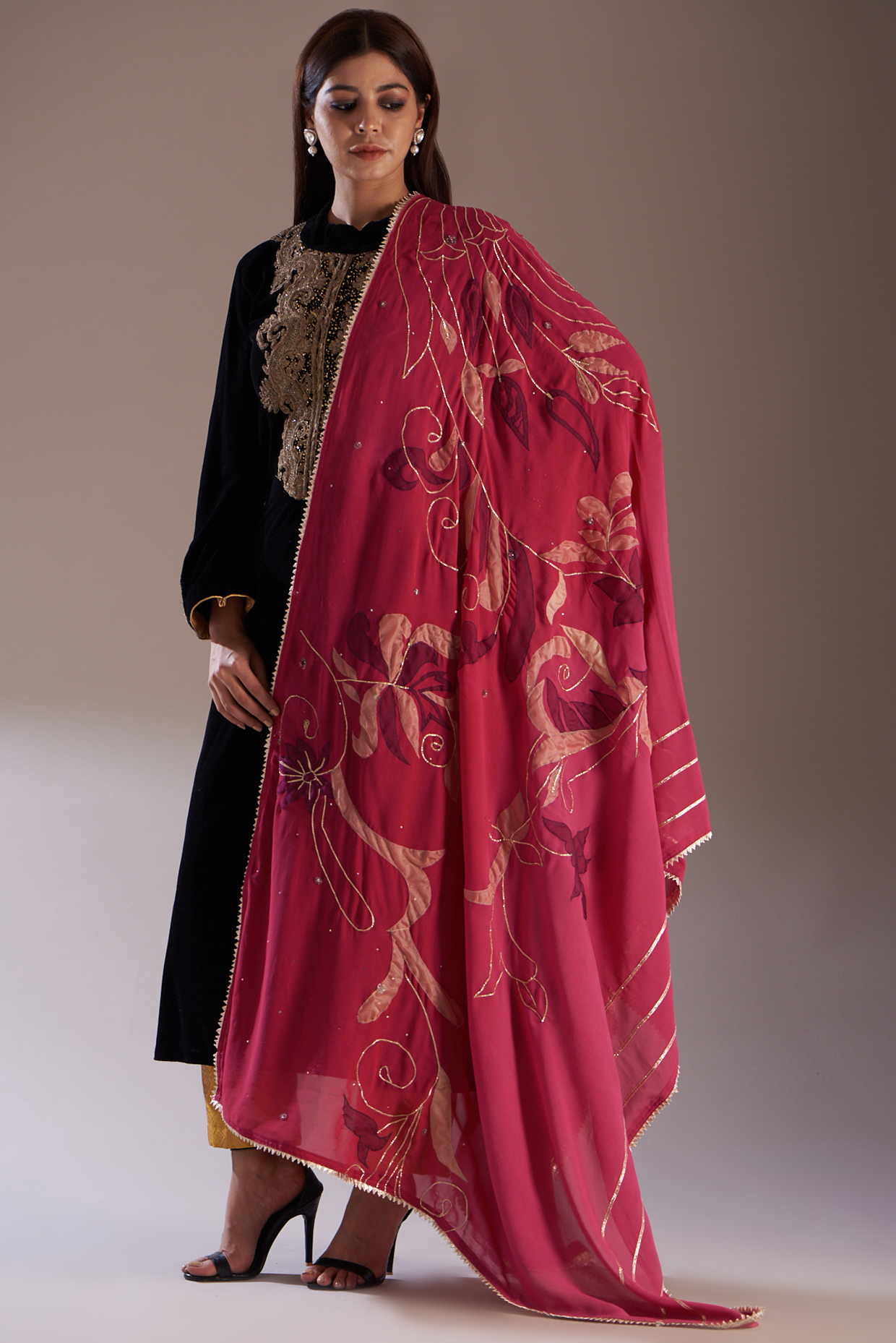 Pink Crepe Silk Patch Work Dupatta by Swati Jain at Pernia's Pop Up Shop
