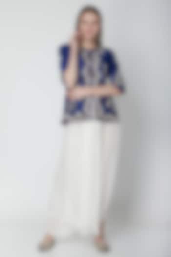 Cobalt Blue Embroidered Top With White Dhoti Pants by Swati Jain