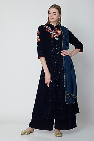 Navy Blue Embroidered Kurta & Palazzo Set by Swati Jain