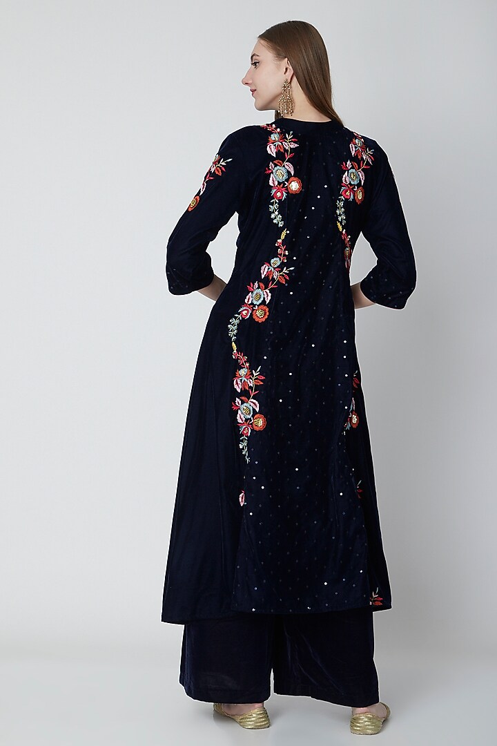 Navy Blue Embroidered Kurta & Palazzo Set by Swati Jain at Pernia's Pop Up Shop