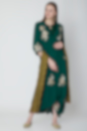 Bottle Green Embroidered Cowl Dress With Slip & Dupatta by Swati Jain