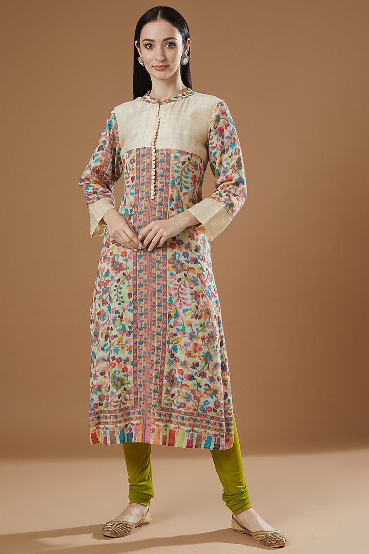 Multi-Colored Semi Woolen Kurta Set by Swati Jain