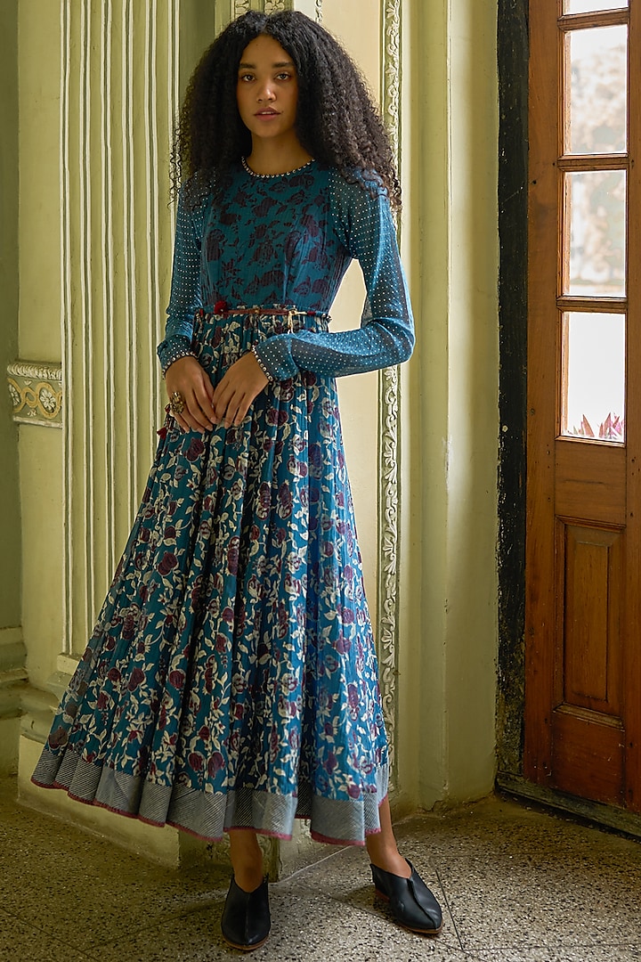 Indigo Blue Handwoven Chanderi Printed Dress  by Swatti Kapoor