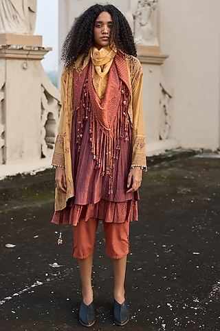 Orange Handwoven Chanderi Printed Scarf by Swatti Kapoor