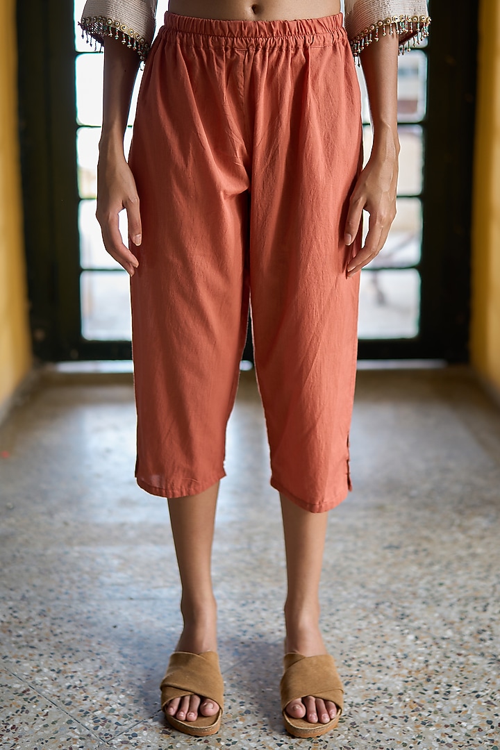 Orange Cotton Straight Pants by Swatti Kapoor at Pernia's Pop Up Shop